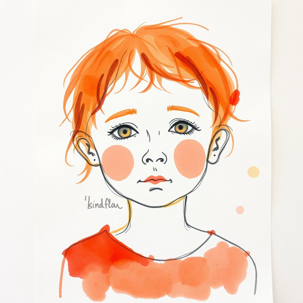 Watercolour self-portrait with orange hair and rosy cheeks on cream paper