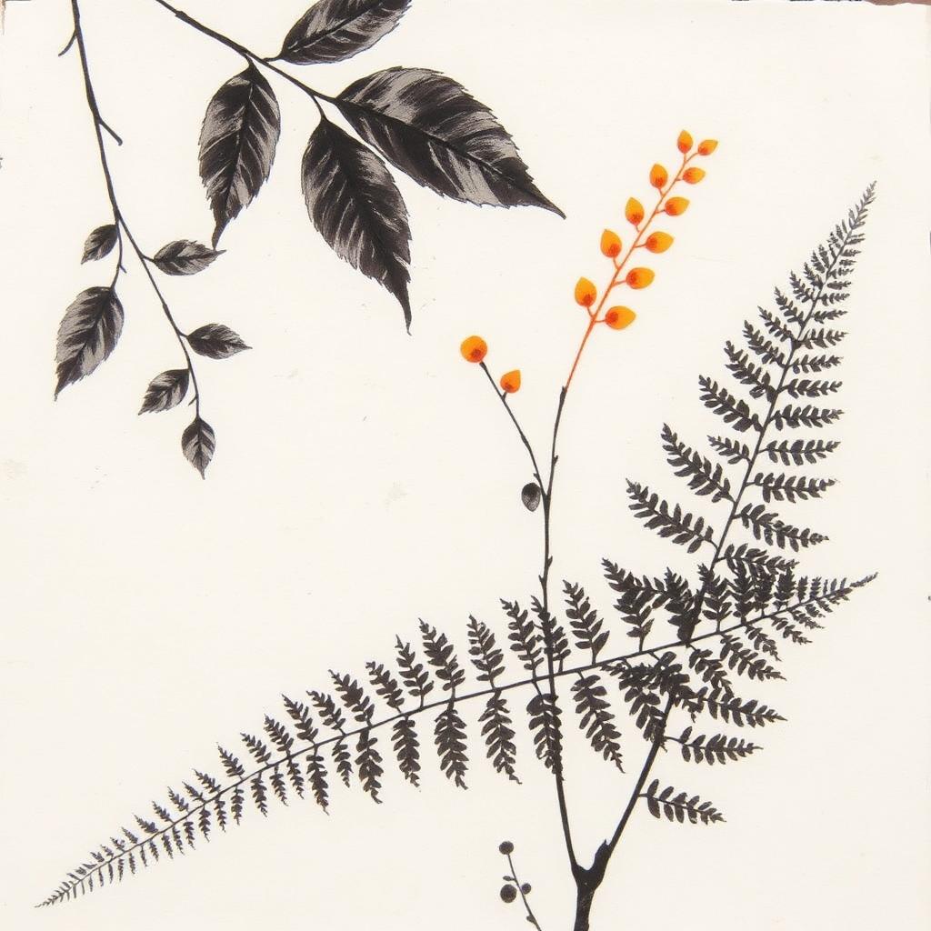 Black ink monoprint of leaves and ferns with small orange berries