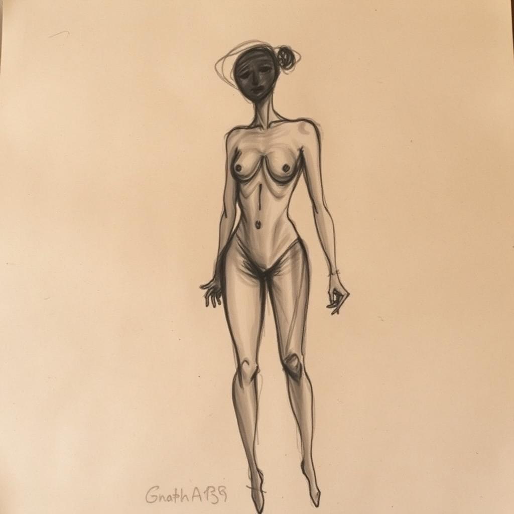 Charcoal figure drawing on warm toned paper