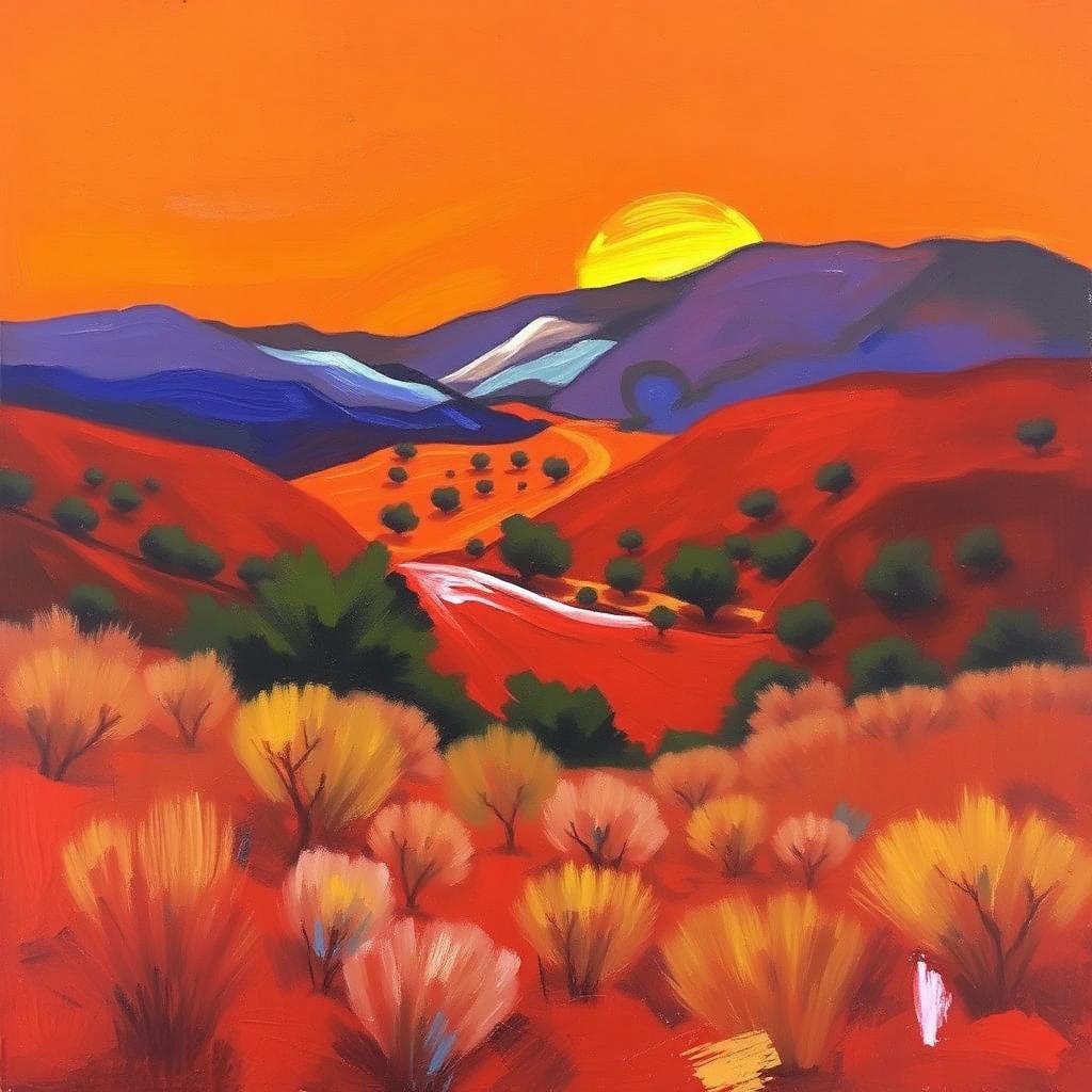Bold oil painting of an orange landscape with purple mountains and a yellow sun
