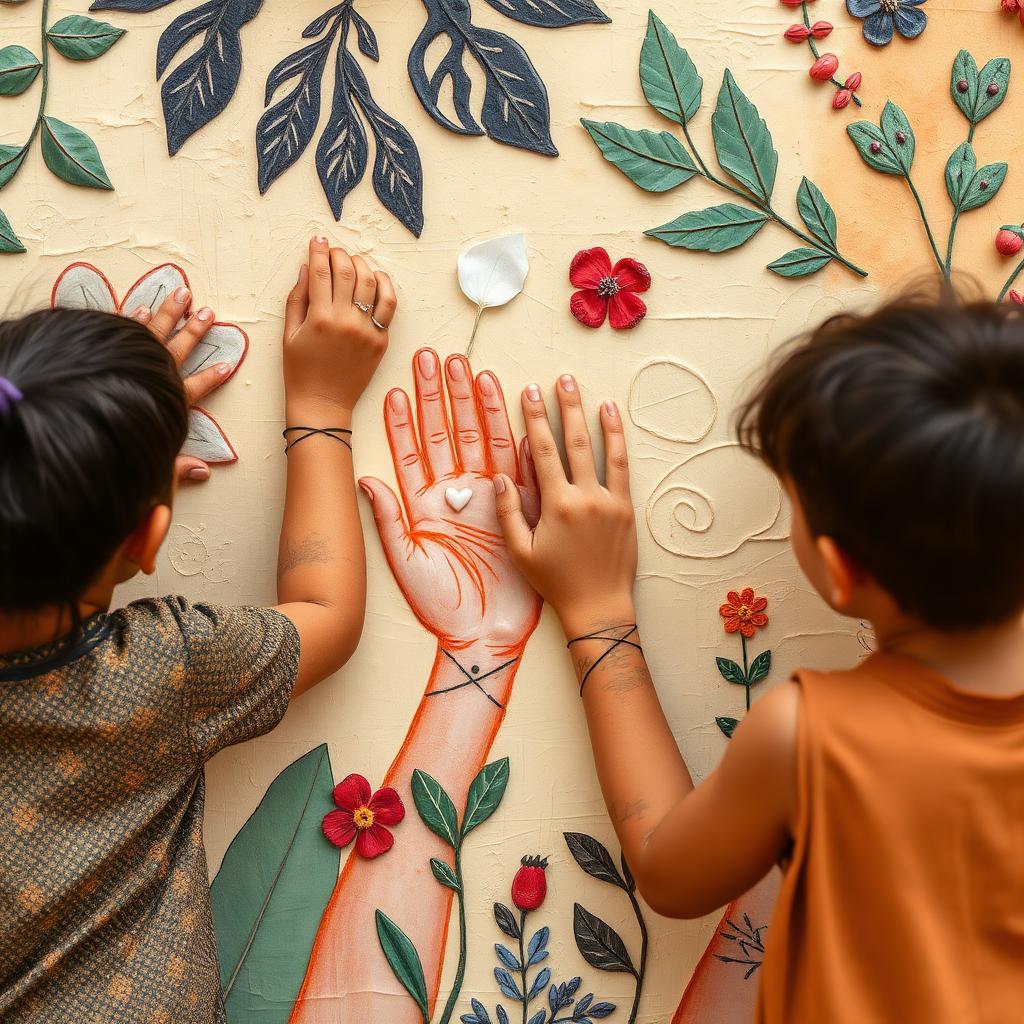 Mural detail of two hands surrounded by painted leaves and flowers