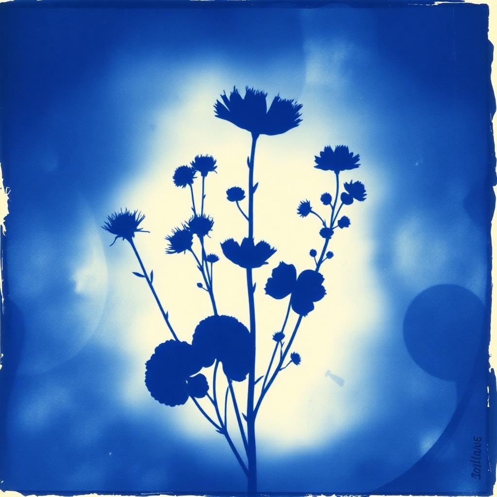 Deep blue cyanotype photogram of wildflowers on cream paper