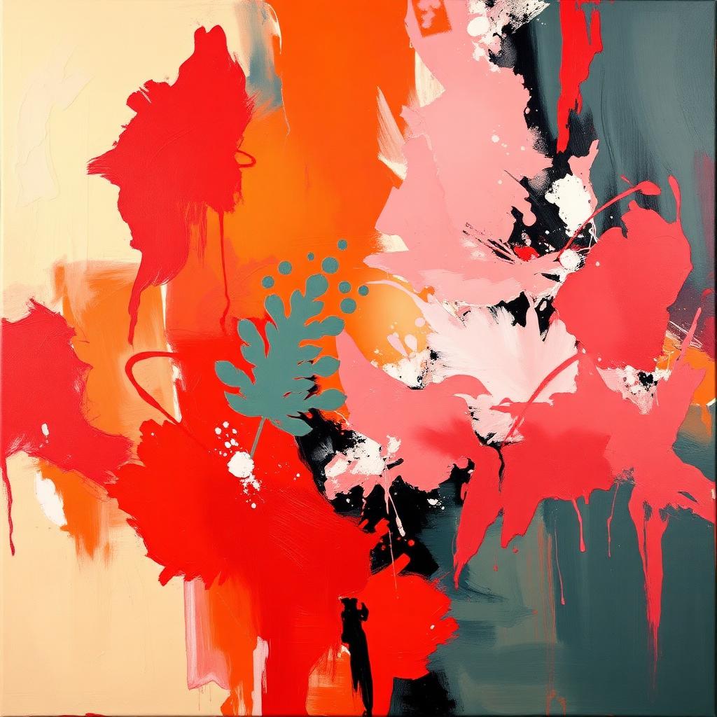 Expressive acrylic painting in reds, pinks and dark teal
