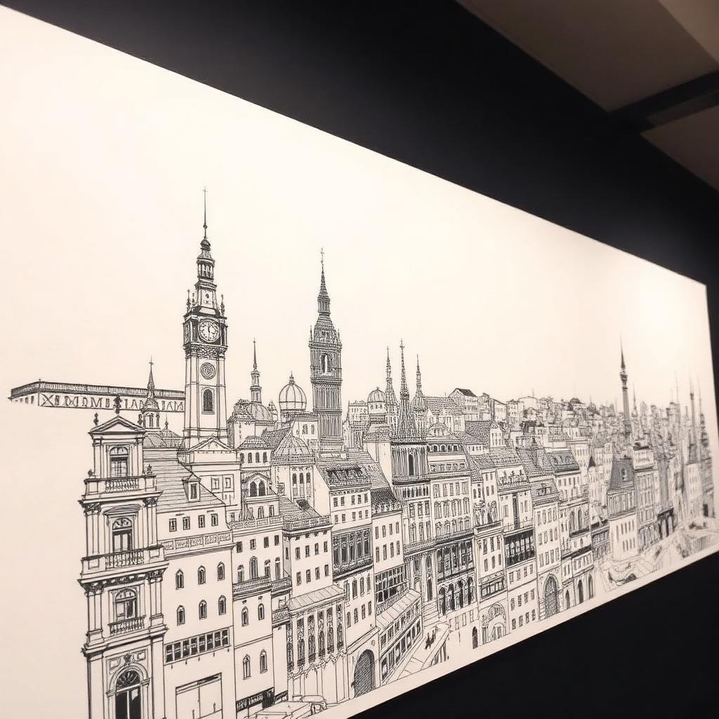 Detailed ink drawing of an imagined European city skyline